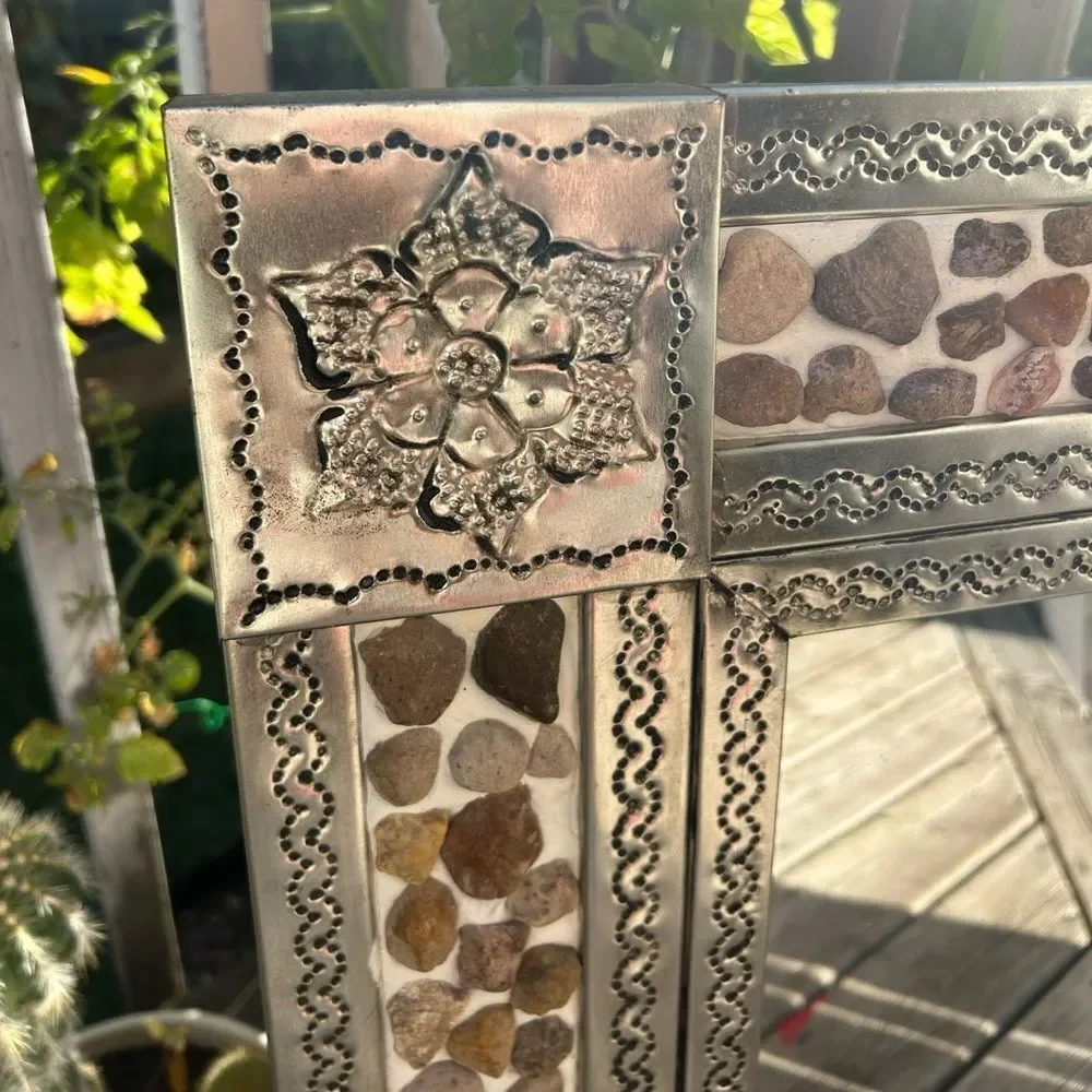Mexican Tin Mirror Handcrafted - Rocks & Flowers 29" x 25" - Picture 13 of 16